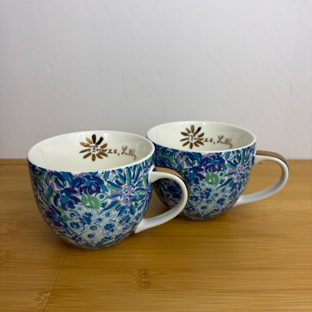 Lilly Pulitzer Lion Around Floral 12 oz Mug Pair Gold Handle Set of 2